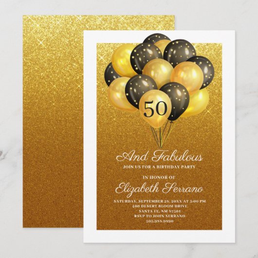 50 en de Fabulous Gold Glitter Black Balloons Part Kaart (Voorkant / Achterkant)