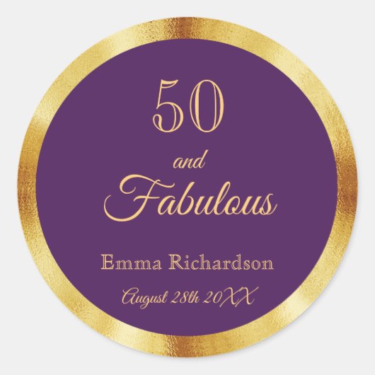 50 en de prachtige paarse goudnaam ronde sticker (Voorkant)
