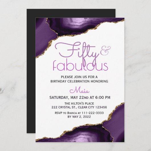 50 en de uitnodiging van Fabulous White Paars Agat (Voorkant / Achterkant)