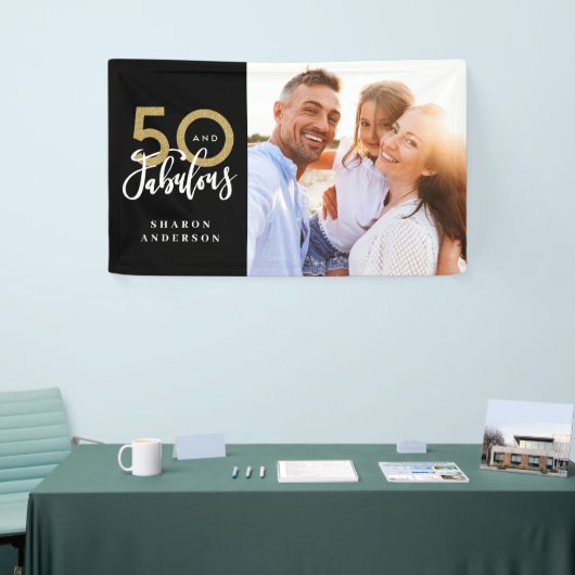 50 en Fab verjaardag zwart en goud fotocollage Spandoek (Beurs)
