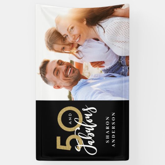 50 en Fab verjaardag zwart en goud fotocollage Spandoek (Verticaal)