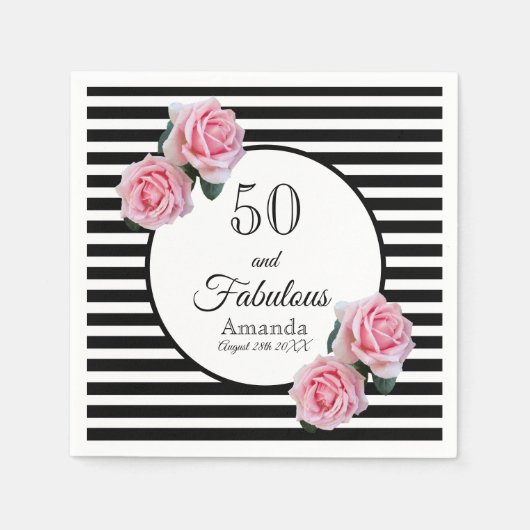 50 en fabelroze floralen zwarte strepen servet (Voorkant)