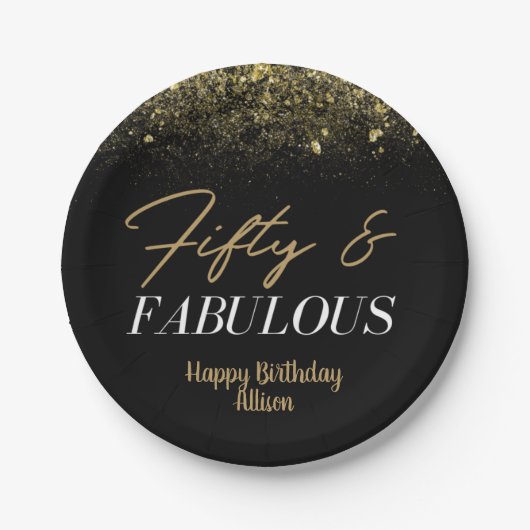 50 en Fablous Birthday Black/Gold Confetti Papieren Bordje (Voorkant)