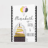 50 en Fabulair zwart goud & roze Cake & ballonnen Kaart (Voorkant)