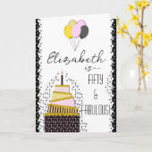 50 en Fabulair zwart goud & roze Cake & ballonnen Kaart (Gele Bloem)