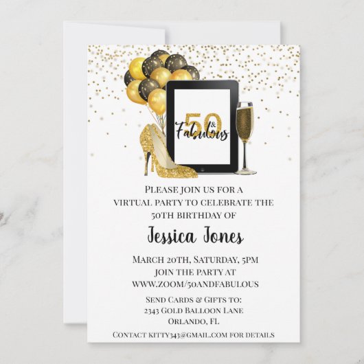 50 en Fabulous 50 Virtual Birthday Gold Kaart (Voorkant)