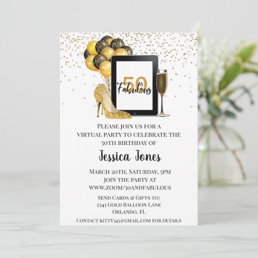 50 en Fabulous 50 Virtual Birthday Gold Kaart (Staand voorkant)