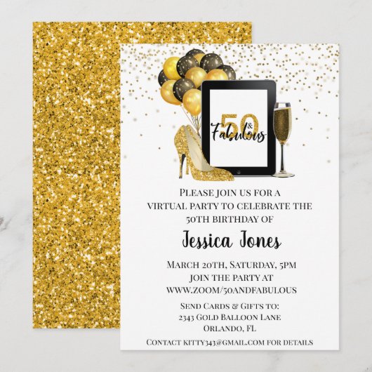 50 en Fabulous 50 Virtual Birthday Gold Kaart (Voorkant / Achterkant)