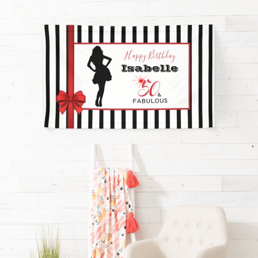 50 en FABULOUS 50e verjaardag zwart/witte strepen Spandoek (Insitu)