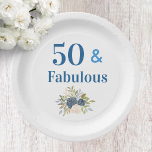 50 en Fabulous 50ste verjaardag Blauwe papieren bo Bordje
