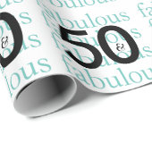 50 en Fabulous 50th Birthday Black, White, Blauwgr Cadeaupapier (Rol Hoek)