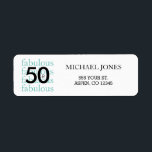 50 en Fabulous 50th Birthday Blauwgroen Adresetike Etiket<br><div class="desc">Voeg uw eigen adres eenvoudig toe aan de 50- en Fabulous 50th Birthday Adresetiketten. Een grote, vette zwarte "50" rust op het woord "geweldig", viermaal herhaald in licht blauwgroen. Een kleine zwarte ampersand is genest binnen nul van de vijftig die het grafische ontwerp voltooien. De blauwgroen en zwarte kleuren kunnen...</div>