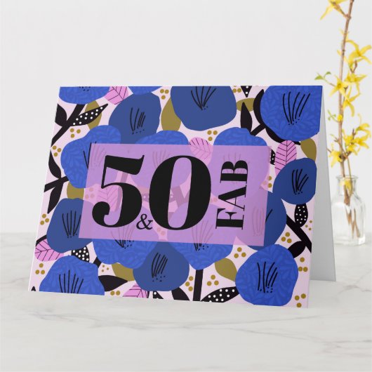 50 en Fabulous 50th Birthday Blue Floral Pattern Kaart (Gele Bloem)