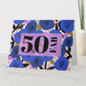 50 en Fabulous 50th Birthday Blue Floral Pattern Kaart (Voorkant)
