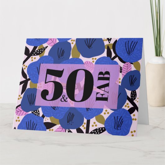 50 en Fabulous 50th Birthday Blue Floral Pattern Kaart (Voorkant)