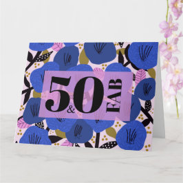 50 en Fabulous 50th Birthday Blue Floral Pattern Kaart