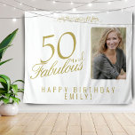 50 en Fabulous 50th Birthday Foto achtergrond Wandkleed<br><div class="desc">Elegant 50 en Fabulous Elegant 50th Birthday Photo Backdrop Tapestry. 50 en geweldige tekst in trendy golden script met foto en naam. Pas het aan met je foto,  jouw naam en leeftijd,  en maak je eigen elegante verjaardagsfeestje voor het verjaardagsfeest van de vrouw.</div>