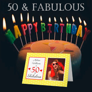 50 en Fabulous 50th Birthday Foto Yellow Red Dot Kaart
