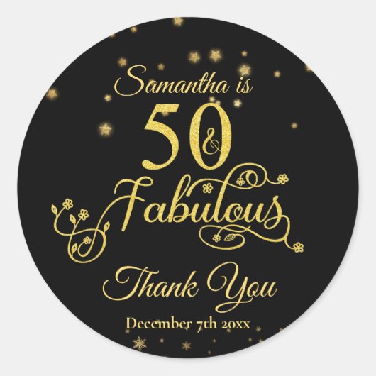 50 en Fabulous 50th Birthday Gold Glitter Black Ronde Sticker (Voorkant)
