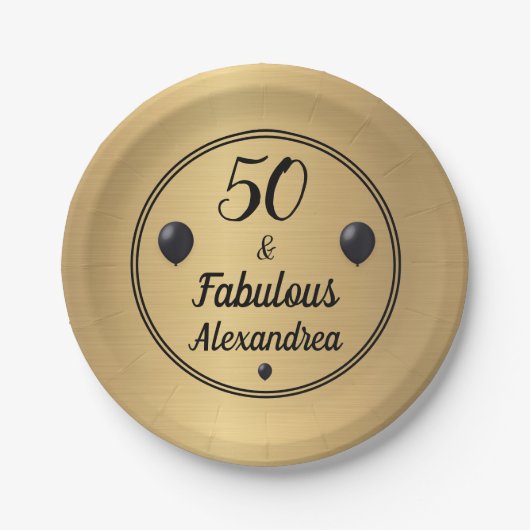 50 en Fabulous 50th Birthday Goud Zwart Papieren Bordje (Voorkant)