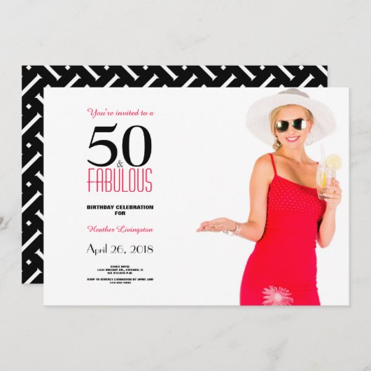 50 en Fabulous 50th Birthday Invitation Kaart (Voorkant / Achterkant)