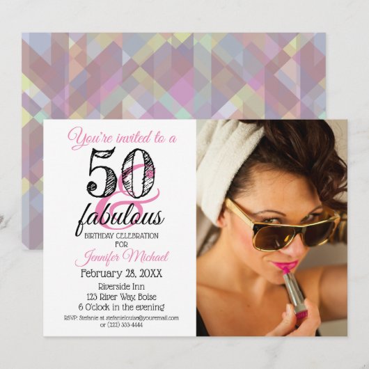 50 en Fabulous 50th Birthday Invitation Kaart (Voorkant / Achterkant)