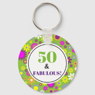 50 en Fabulous 50th Birthday Paars Green Floral Sleutelhanger