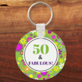 50 en Fabulous 50th Birthday Paars Green Floral Sleutelhanger (Achterkant)