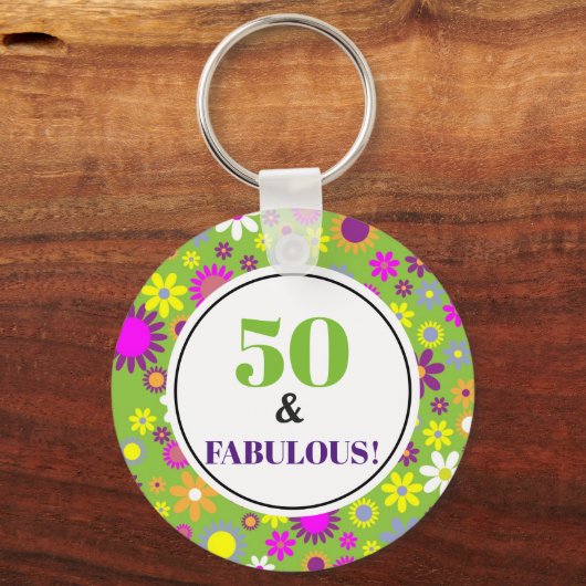 50 en Fabulous 50th Birthday Paars Green Floral Sleutelhanger (Voorkant)
