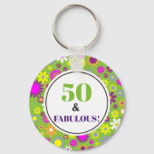 50 en Fabulous 50th Birthday Paars Green Floral Sleutelhanger (Achterkant)