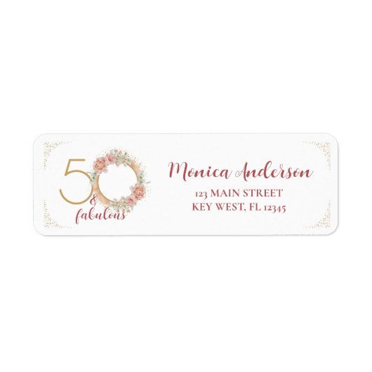 50 en Fabulous 50th Birthday Party Glitter Floral Etiket (Voorkant)