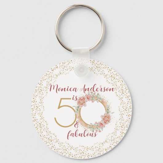 50 en Fabulous 50th Birthday Party Glitter Name Sleutelhanger (Voorkant)