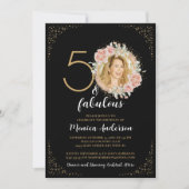 50 en Fabulous 50th Birthday Party Glitter Zwart Kaart (Voorkant)