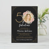 50 en Fabulous 50th Birthday Party Glitter Zwart Kaart (Staand voorkant)