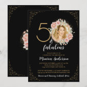 50 en Fabulous 50th Birthday Party Glitter Zwart Kaart (Voorkant / Achterkant)