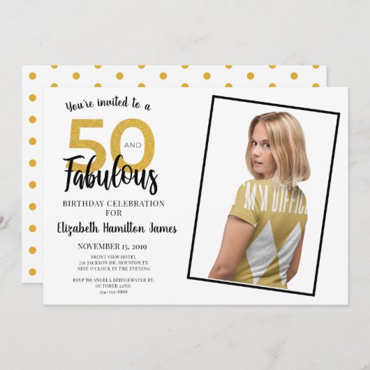 50 en Fabulous 50th Birthday Party Kaart (Voorkant / Achterkant)