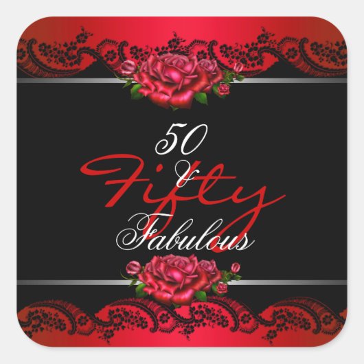 50 en Fabulous 50th Birthday Party Red Roses Vierkante Sticker (Voorkant)