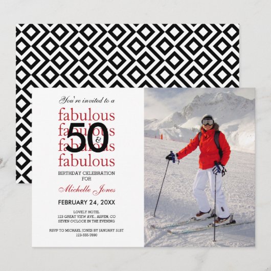 50 en Fabulous 50th Birthday Photo Invitation Kaart (Voorkant / Achterkant)