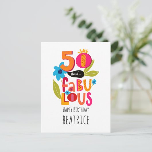 50 en Fabulous 50th Birthday Whimsical Lettering Briefkaart (Staand voorkant)
