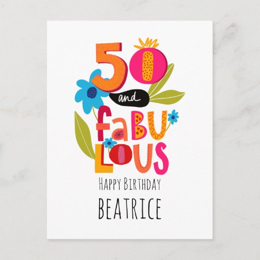 50 en Fabulous 50th Birthday Whimsical Lettering Briefkaart (Voorkant)