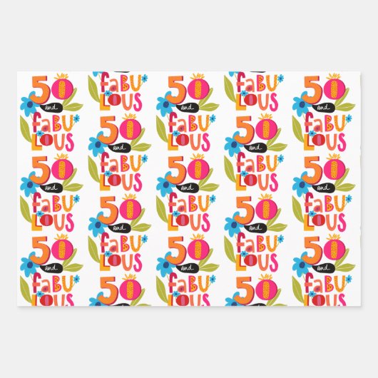 50 en Fabulous 50th Birthday Whimsical Lettering Inpakpapier Vel (Voorkant)