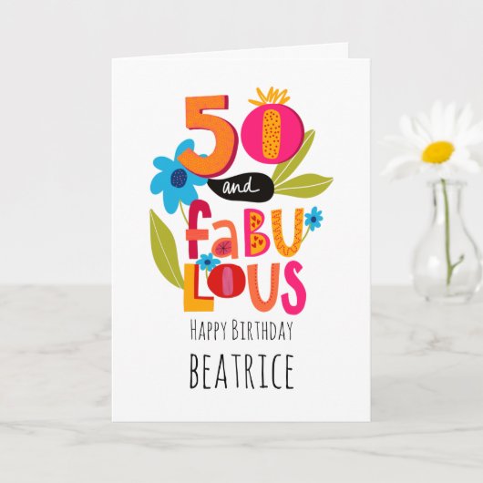 50 en Fabulous 50th Birthday Whimsical Lettering Kaart (Kleine Plant)