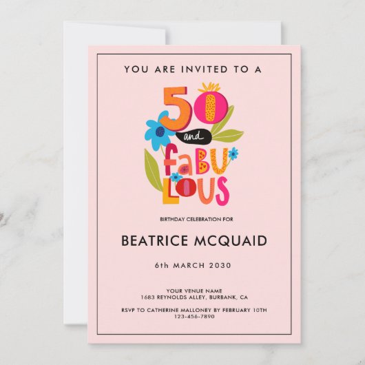 50 en Fabulous 50th Birthday Whimsical Lettering Kaart (Voorkant)