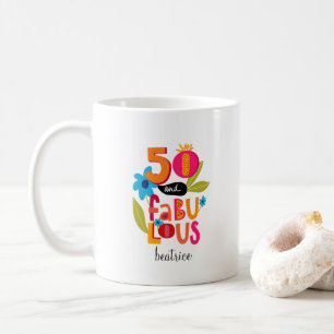 50 en Fabulous 50th Birthday Whimsical Lettering Koffiemok