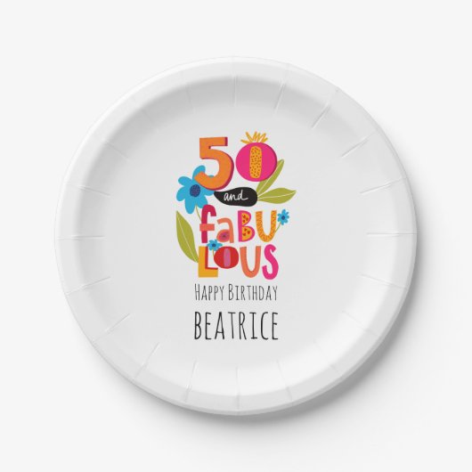 50 en Fabulous 50th Birthday Whimsical Lettering Papieren Bordje (Voorkant)