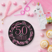 50 en Fabulous 50th Birthday | Zwarte roze botanis Papieren Bordje (Feest)