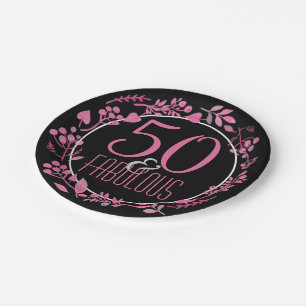 50 en Fabulous 50th Birthday Zwarte roze botanis Papieren Bordje