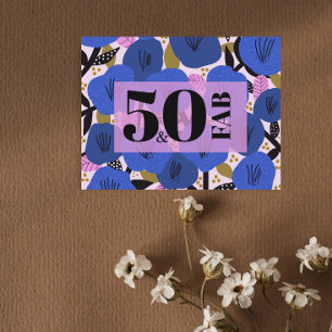 50 en Fabulous 50th Verjaardag Blauw Goud Bloemen Briefkaart