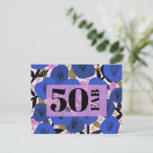 50 en Fabulous 50th Verjaardag Blauw Goud Bloemen Briefkaart (Staand voorkant)
