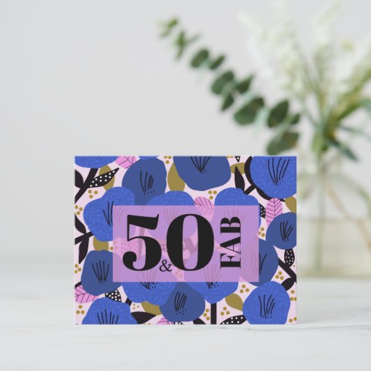 50 en Fabulous 50th Verjaardag Blauw Goud Bloemen Briefkaart (Staand voorkant)